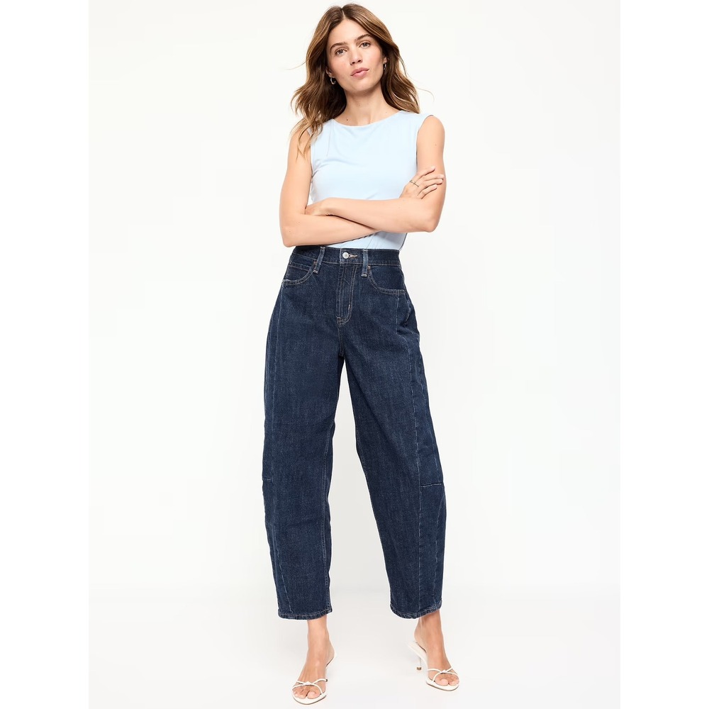 NWT Old Navy High-Rise Barrel Leg Solid Jeans Dark Indigo Modern Baggy Size 14 - Picture 2 of 9